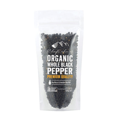 Chefs Choice Organic Pepper - Black Whole Pouch 120g
